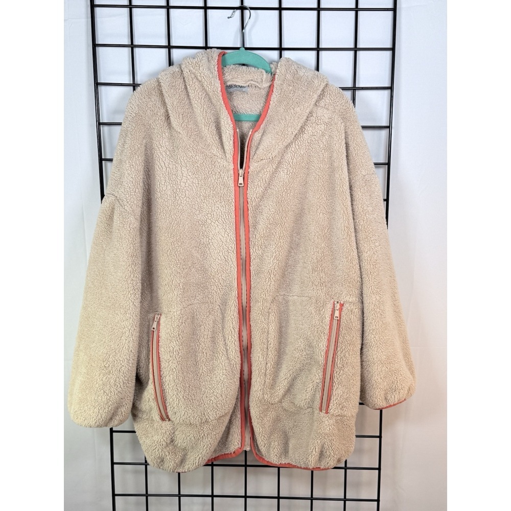 Bernie Bernardo Oversized Faux Fur Jacket Womens XL Beige Hooded Teddy Sherpa